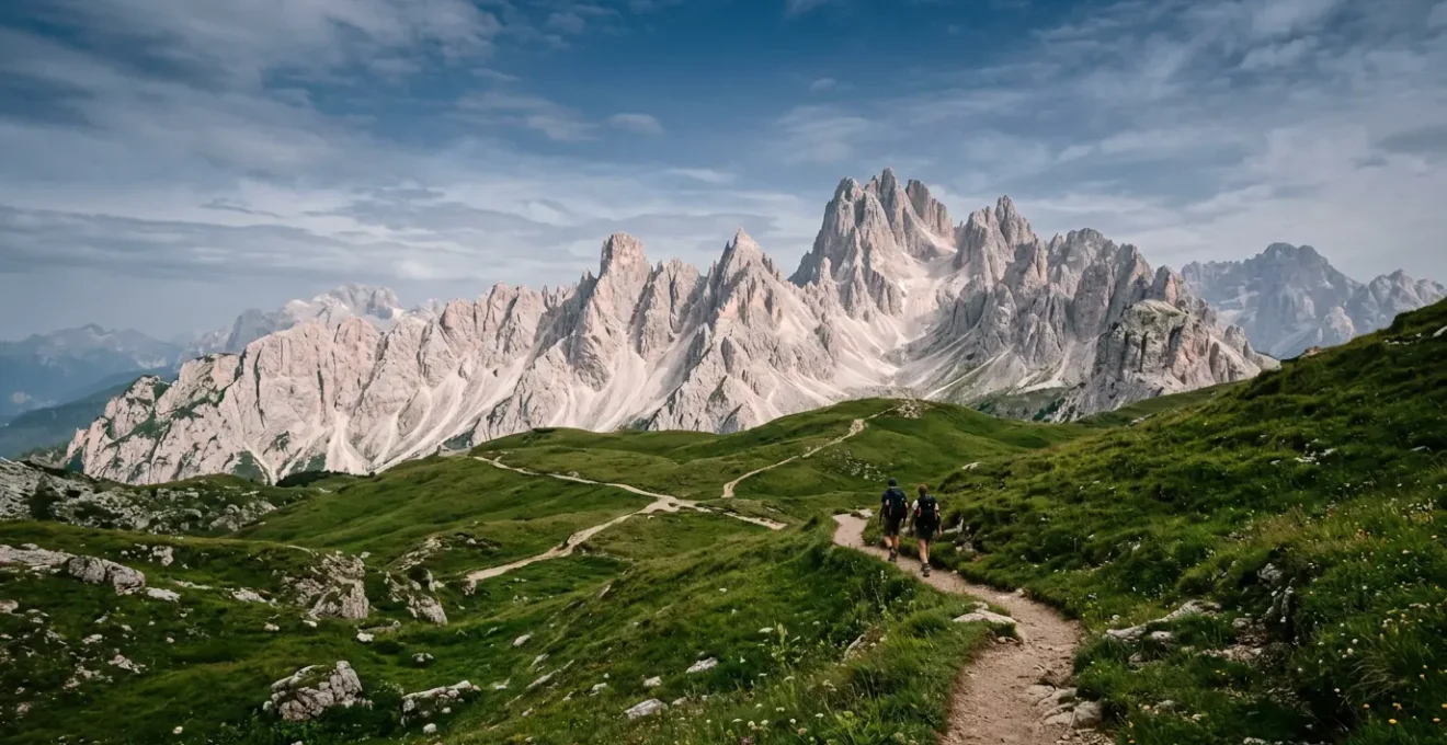Randonneurs sur un sentier de montagne des Dolomites avec vue panoramique sur les sommets calcaires emblematiques et les alpages verdoyants