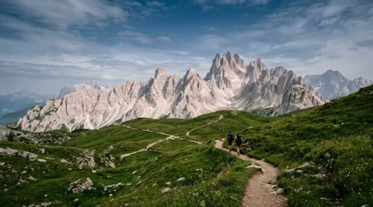 Randonneurs sur un sentier de montagne des Dolomites avec vue panoramique sur les sommets calcaires emblematiques et les alpages verdoyants