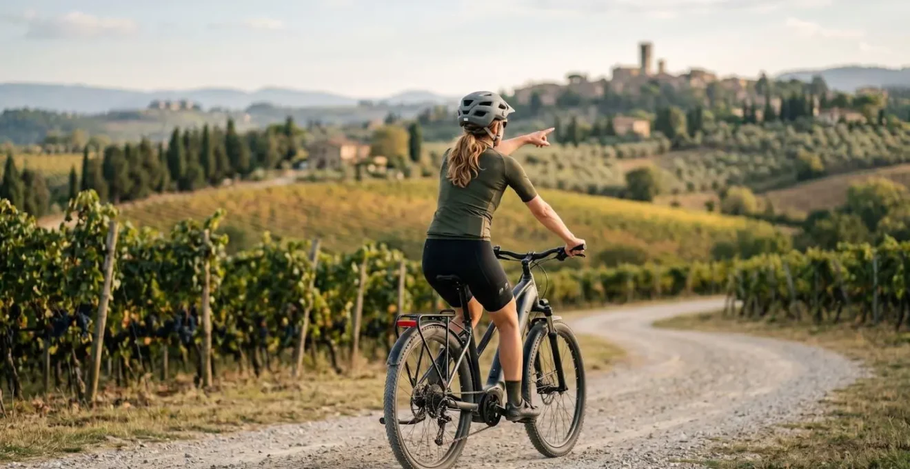 Cycliste sur vélo électrique parcourant les routes sinueuses entre les vignobles du Chianti