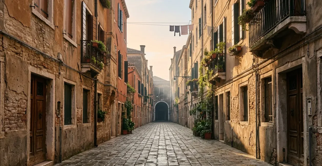 Ruelle vénitienne paisible du quartier Cannaregio au lever du soleil sans touristes