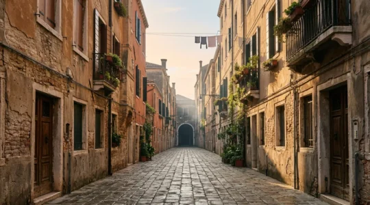 Ruelle vénitienne paisible du quartier Cannaregio au lever du soleil sans touristes