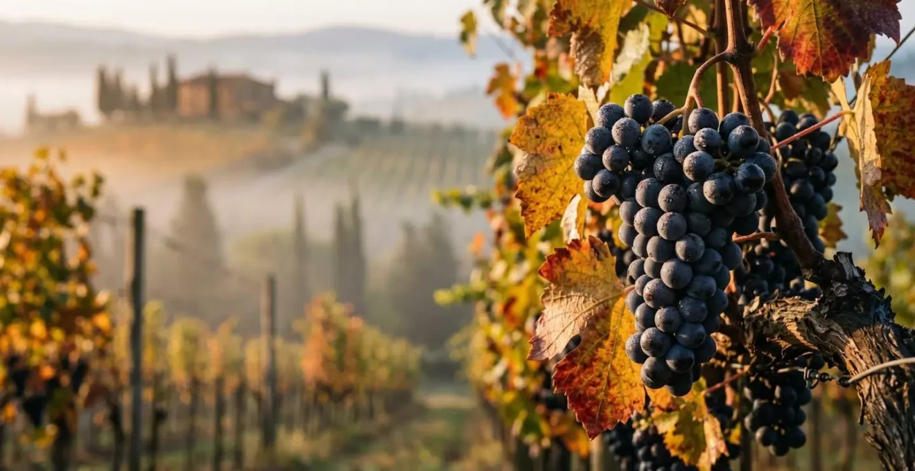 Vignoble toscan en automne avec brume matinale, feuilles dorées et lumière rasante sur les collines