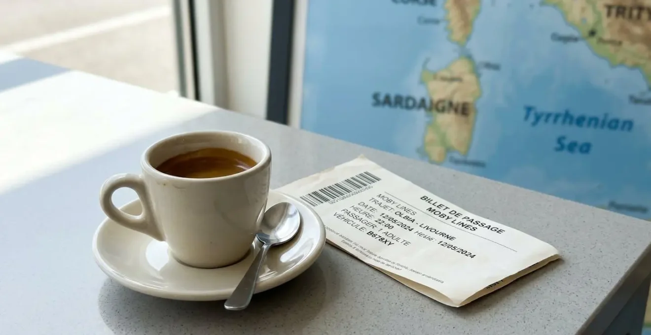 Gros plan d'un billet de ferry posé sur une table moderne avec une tasse de café et une carte de la Sardaigne floue en arrière-plan