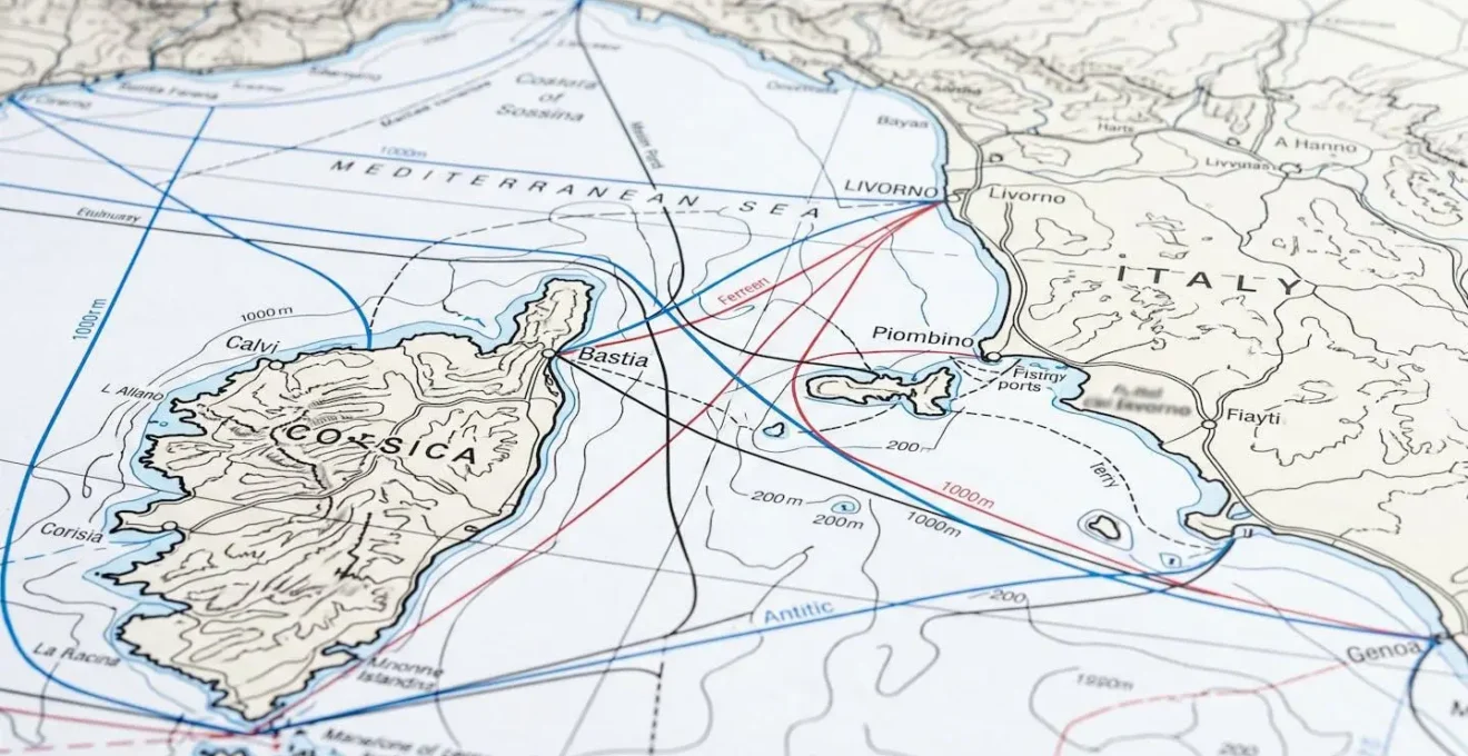 Gros plan sur une carte maritime montrant les routes entre l'Italie et la Corse, avec le texte délibérément flouté pour un effet artistique