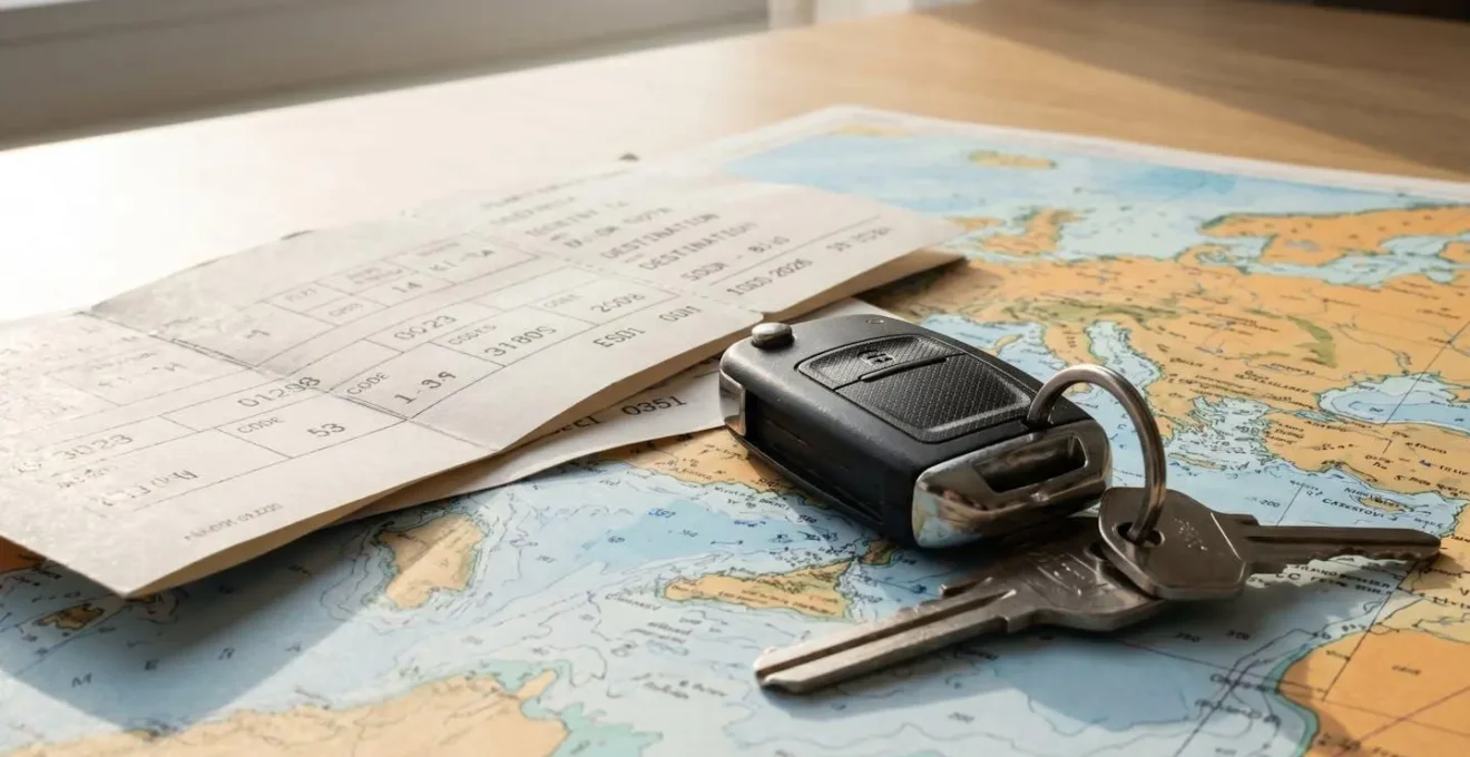 Gros plan sur des clés de voiture et des billets de ferry posés sur une carte de la Méditerranée avec mise au point sélective