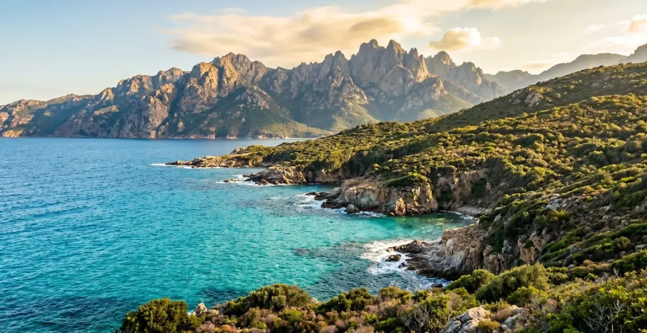 Panorama côtier corse au coucher du soleil avec mer turquoise au premier plan et sommets montagneux escarpés en arrière-plan