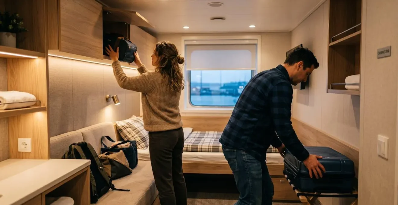 Un couple vu de dos installant leurs bagages dans une cabine de ferry moderne aux tons clairs et chaleureux