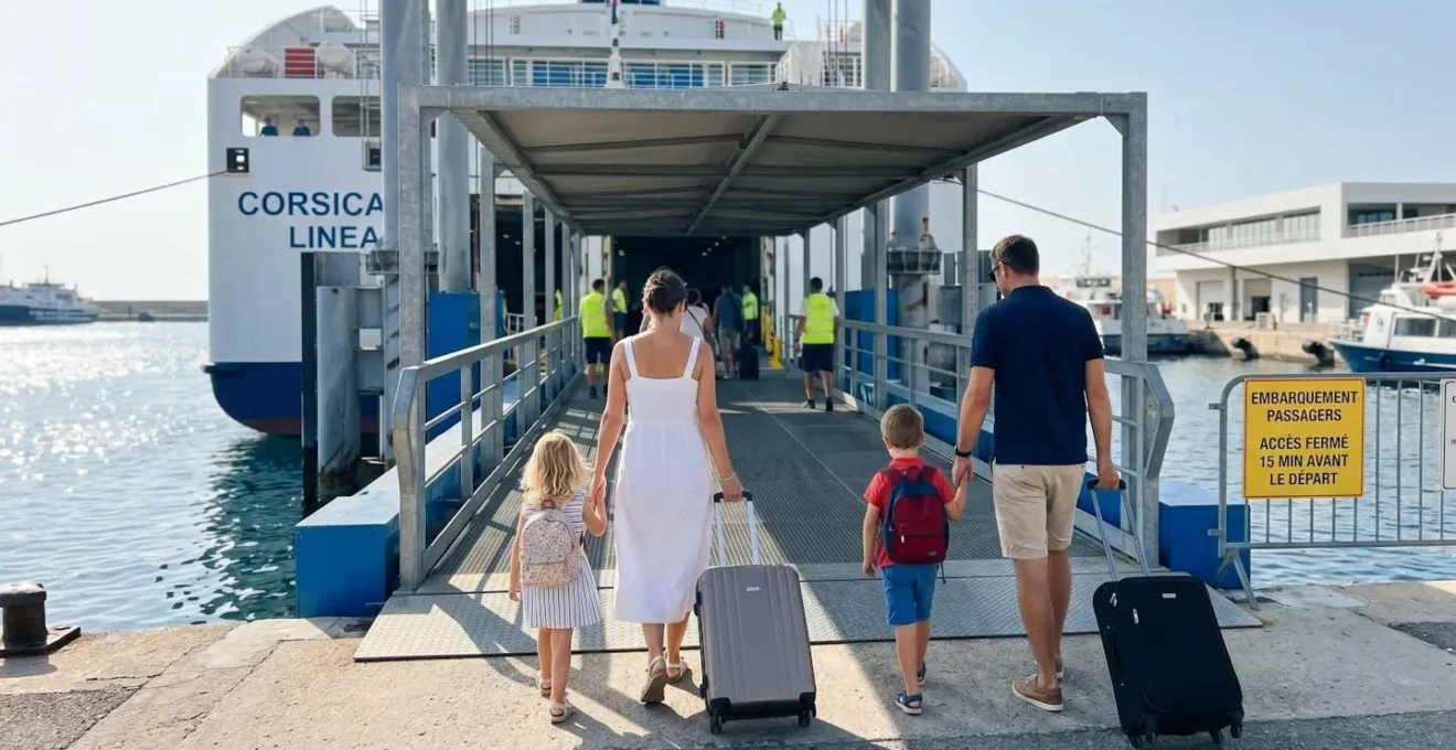 Une famille de quatre personnes vue de dos marchant sur un quai d'embarquement vers un ferry moderne, bagages à roulettes, lumière matinale méditerranéenne