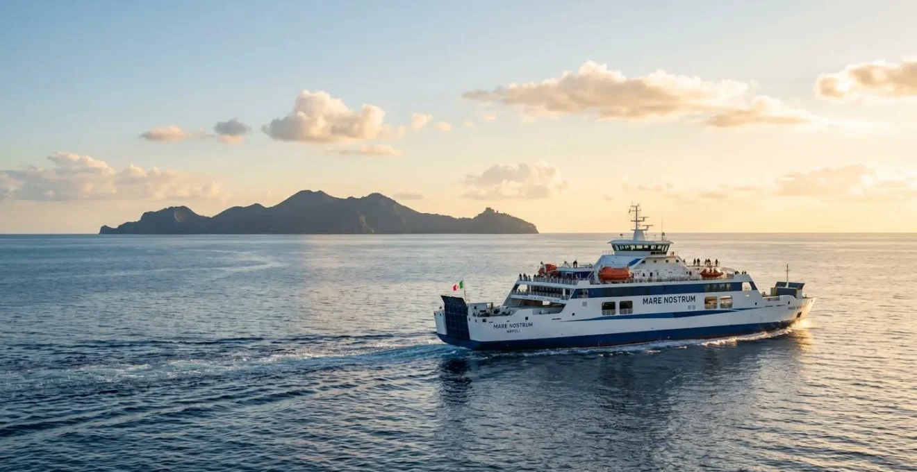 Un ferry moderne naviguant en Méditerranée avec une île au loin sous une lumière dorée de fin de journée