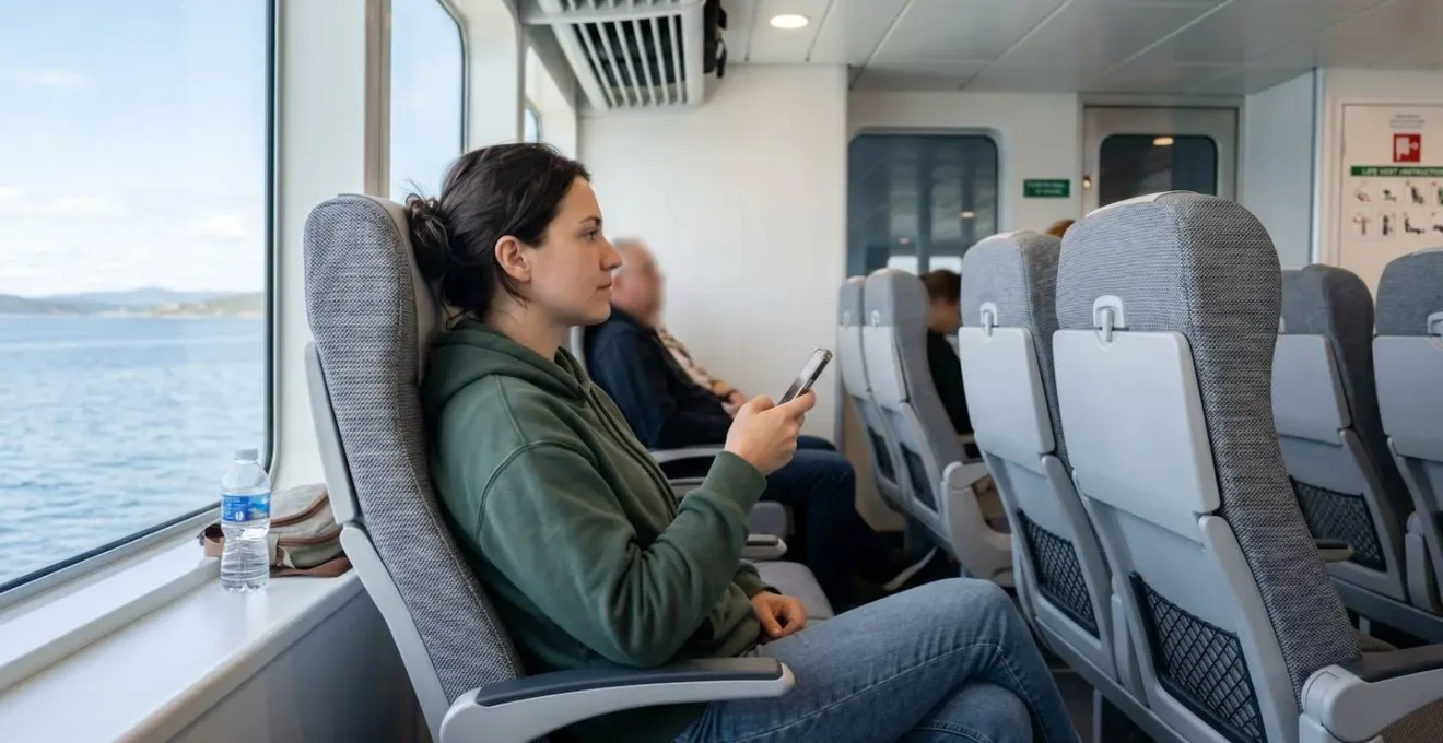 Voyageur vu de profil, installé confortablement dans un siège inclinable près d'une fenêtre de ferry, lumière naturelle douce illuminant l'espace