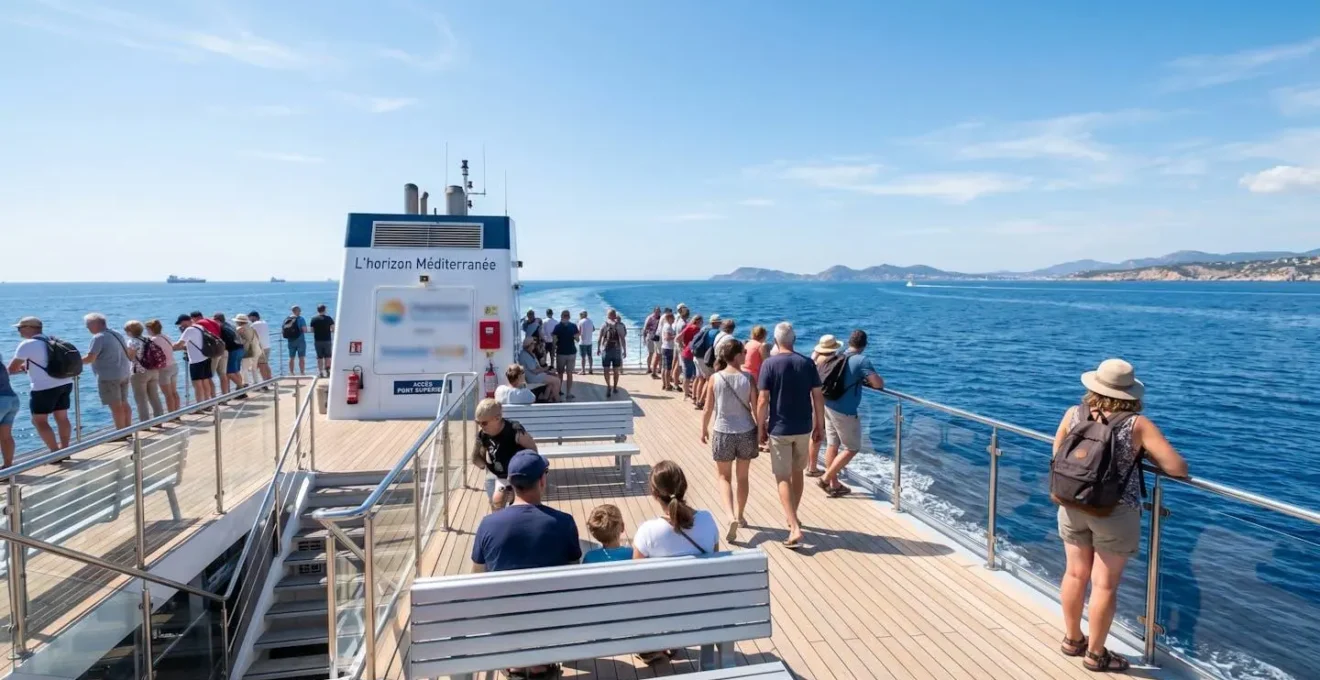 Passagers vus de dos sur le pont extérieur d'un ferry moderne, contemplant l'horizon bleu de la Méditerranée par une belle journée ensoleillée