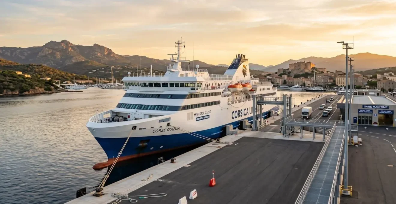 Vue du port de ferry corse au lever du soleil avec navire amarré au quai et infrastructure portuaire moderne