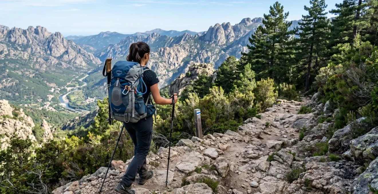 Randonneur vu de dos sur un sentier de montagne corse avec sac à dos et bâtons de marche, vue sur crêtes et vallée