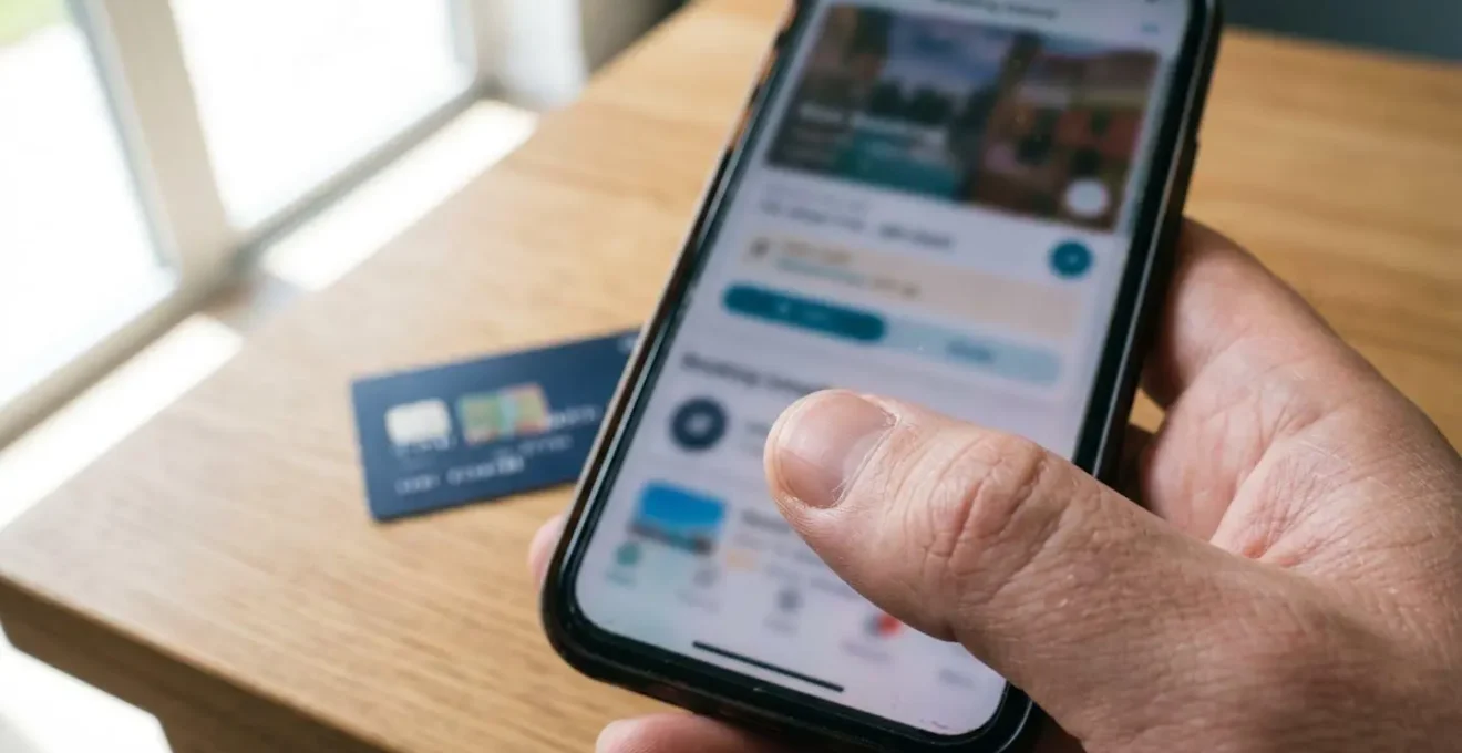 Main tenant un smartphone affichant un écran de réservation flouté, carte bancaire visible en arrière-plan sur une table en bois