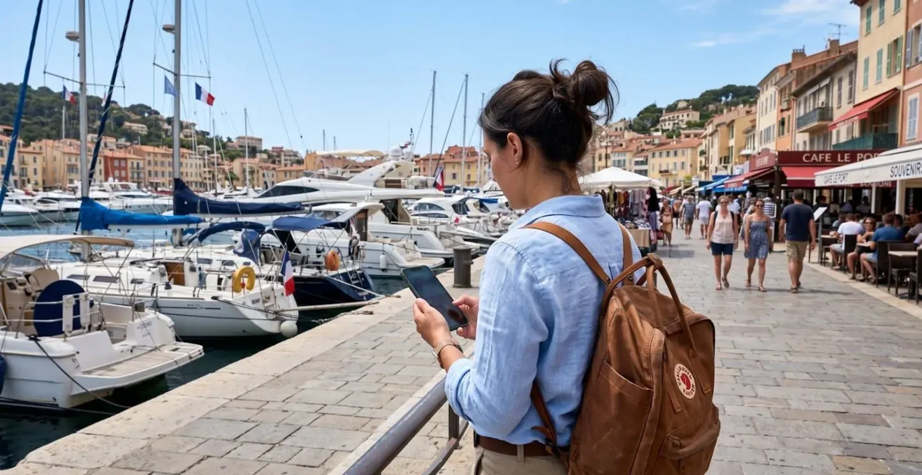 Un voyageur vu de dos consulte un écran de smartphone dans un port méditerranéen lumineux